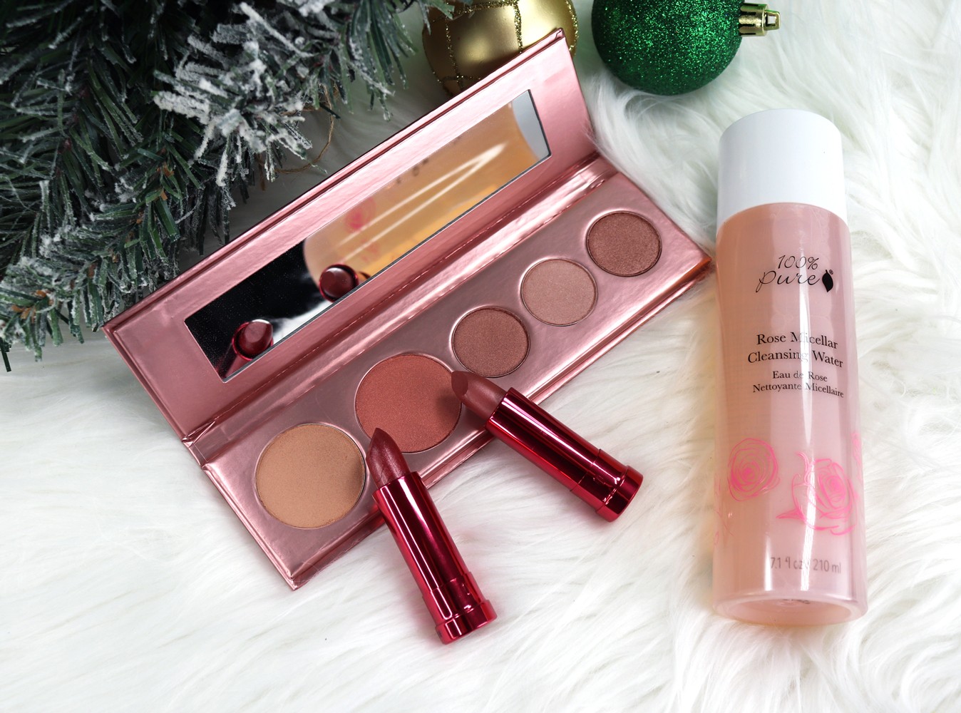 100 Percent Pure Cruelty Free and Vegan Rose Gold Palette Lipstick and Rose Micellar Water