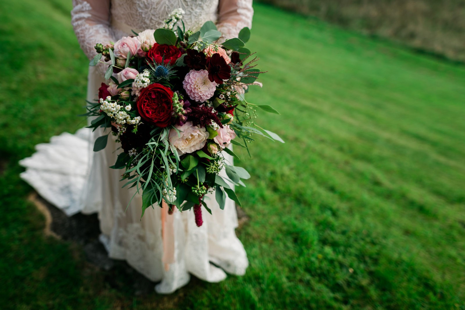 Wild and Beautiful - Burgundy Red Pink and Green Wedding Bouquet at My Beauty Bunny's Scotland Wedding