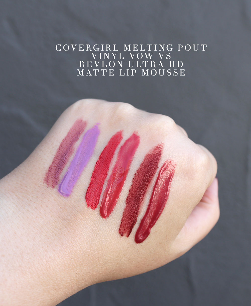 Cruelty free Covergirl dupe swatches for Revlon lipstick